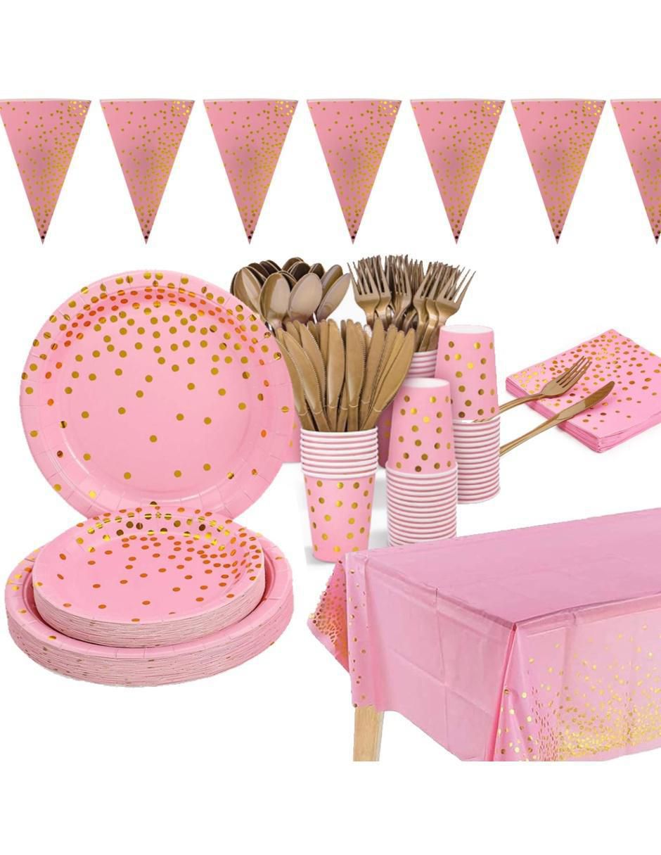 Vajilla para fiesta pink gold points de cartón para 25 personas