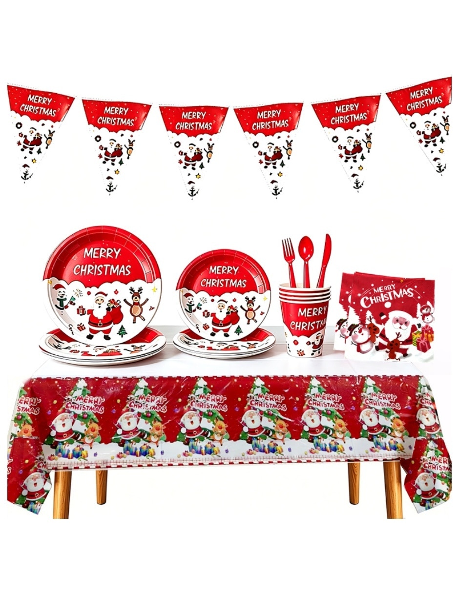 Vajilla para fiesta Navidad de cartón y plástico para 25 personas