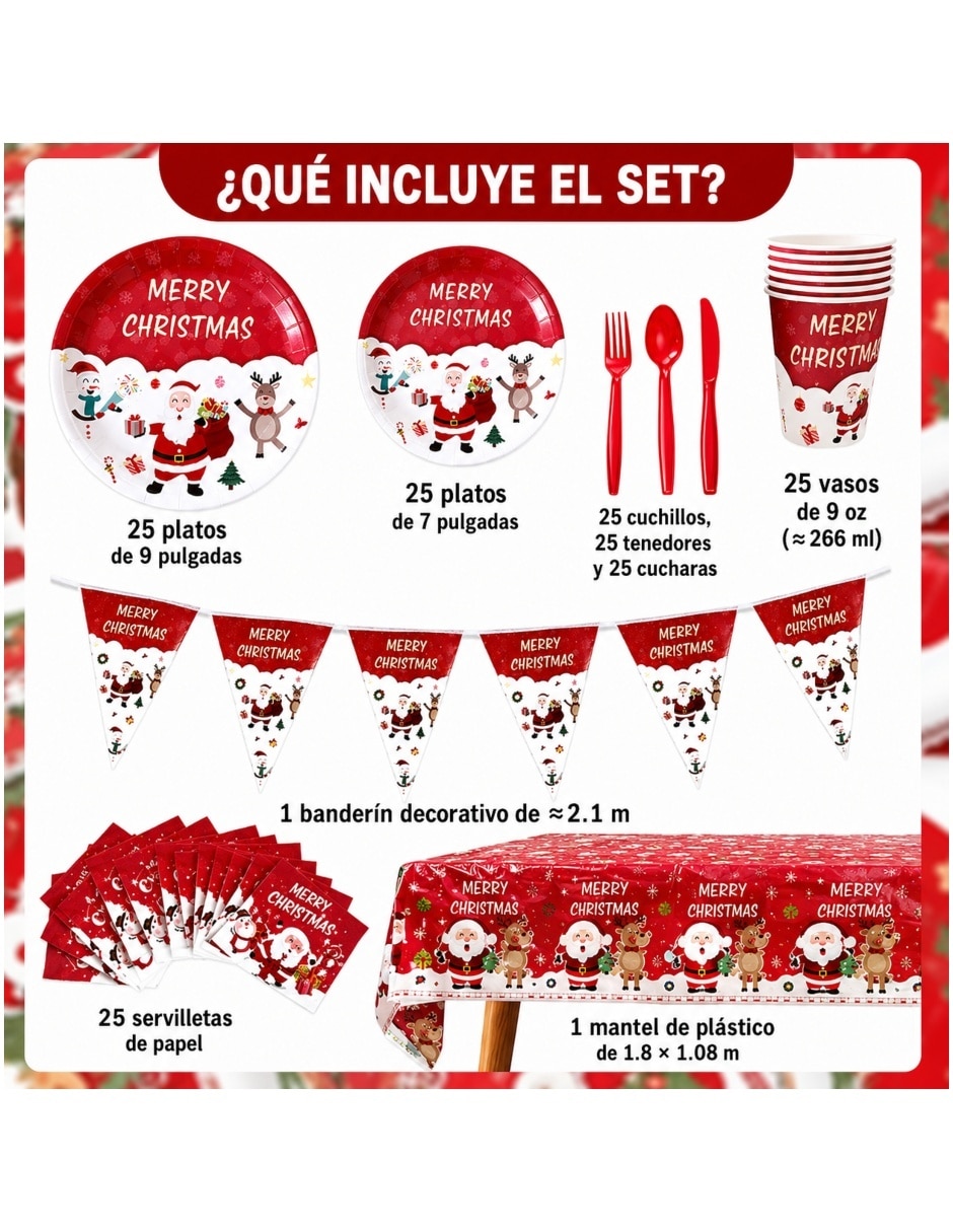 Vajilla para fiesta Navidad de cartón y plástico para 25 personas 4