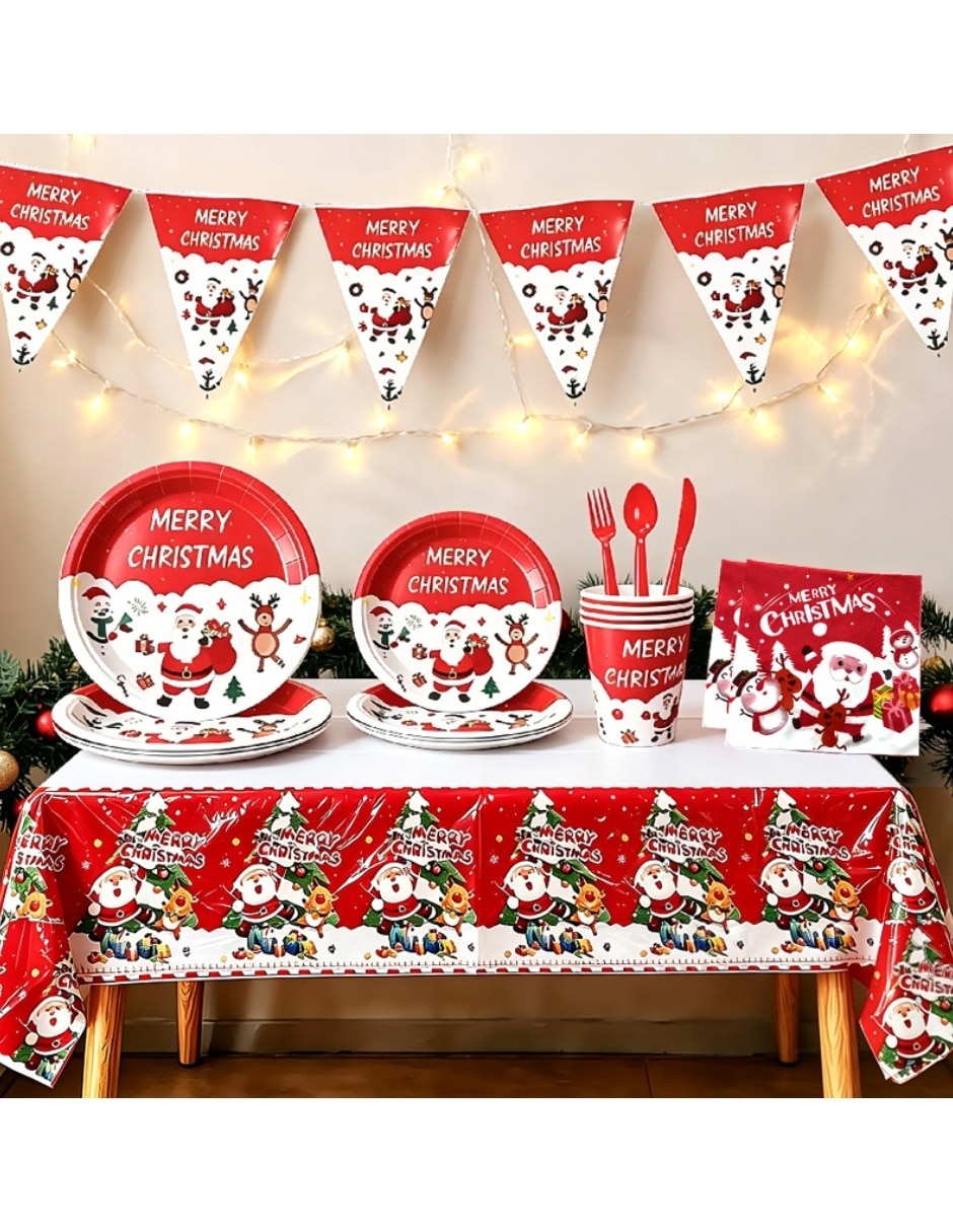 Vajilla para fiesta Navidad de cartón y plástico para 25 personas 3